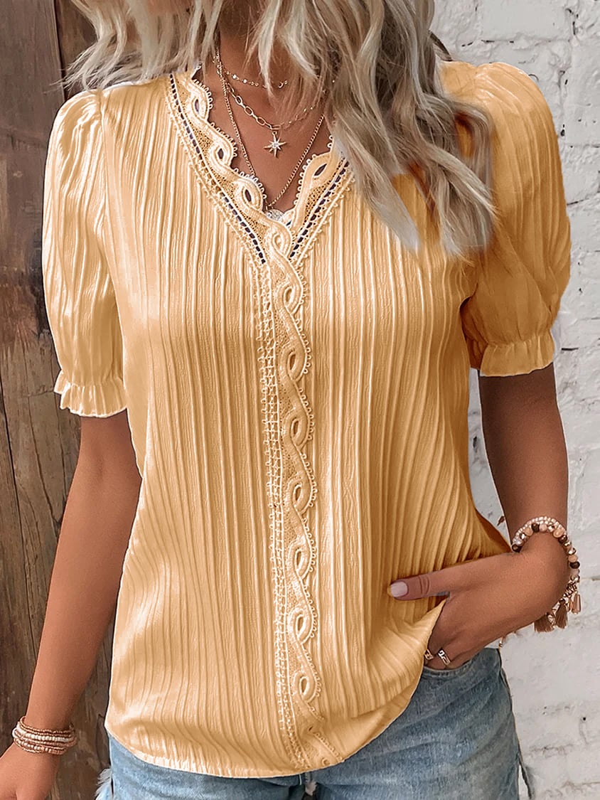 V Neck Plain Lace Elegant Shirt