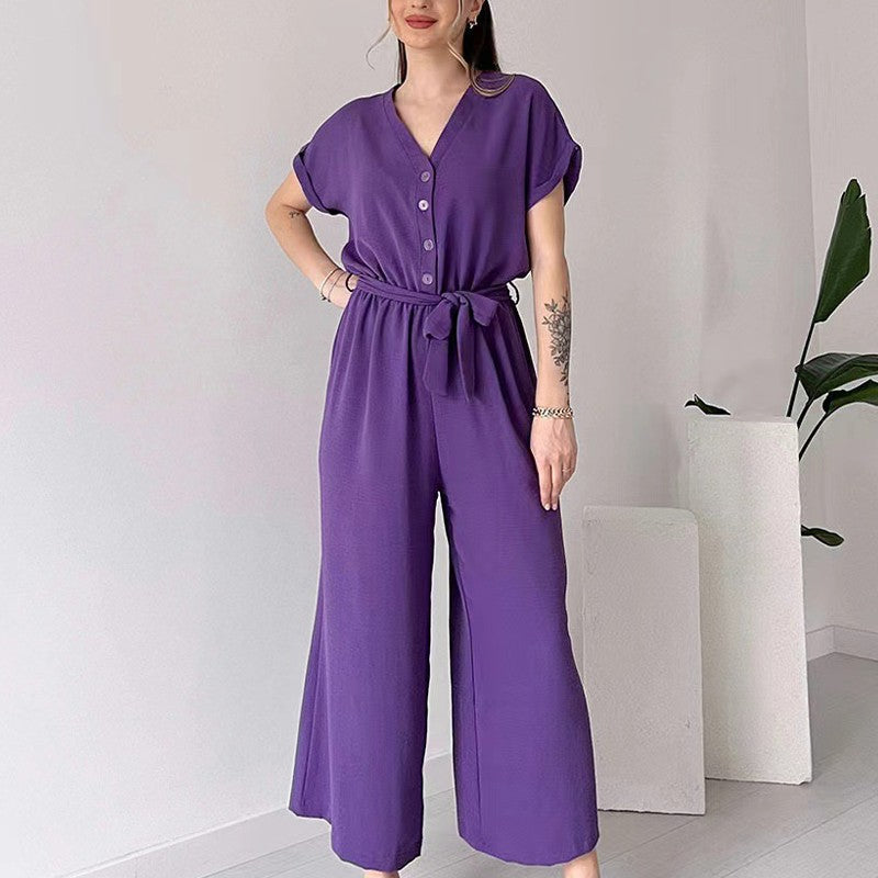 💖 Women's V-Neck Short Sleeve V-Neck Casual Jumpsuit