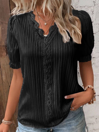 V Neck Plain Lace Elegant Shirt