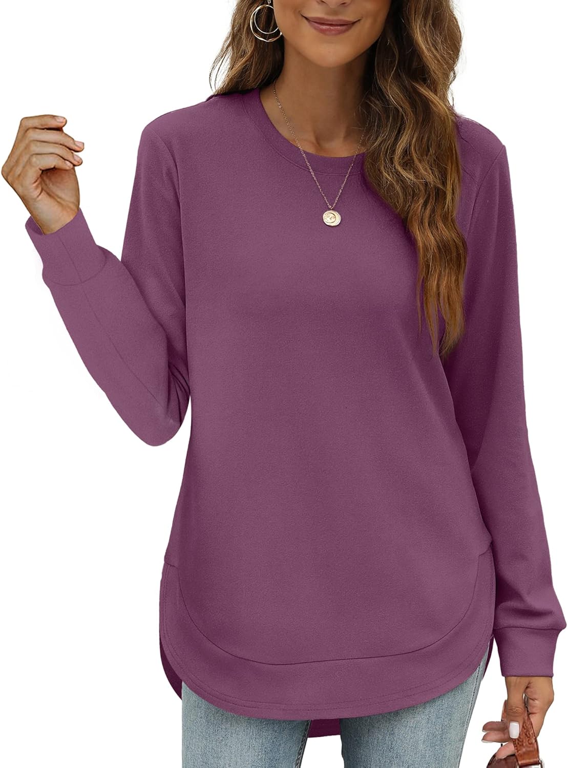 🍂Women's Sweatshirt Crewneck Long Sleeve Shirts High Low Tops Curved Hem