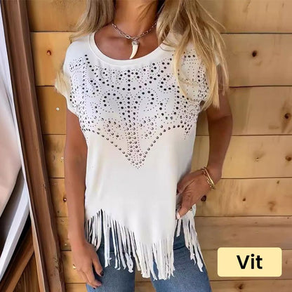 Solid Colour Short Sleeve T-shirt With Hot Print And Frayed Hem🌙