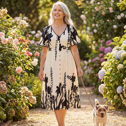 💥Soft Botanical Print V-Neck Midi Dress – Elegant, Lightweight & All-Match
