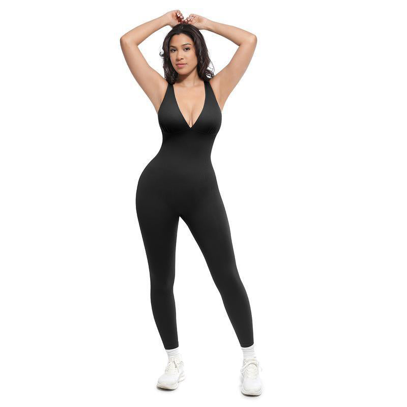 🌸High-Stretch V-Neck Jumpsuit – All-day ease for fitness & beyond. Breathable, flexible & effortlessly chic. Your go-to for movement. 🧘‍♀️💫