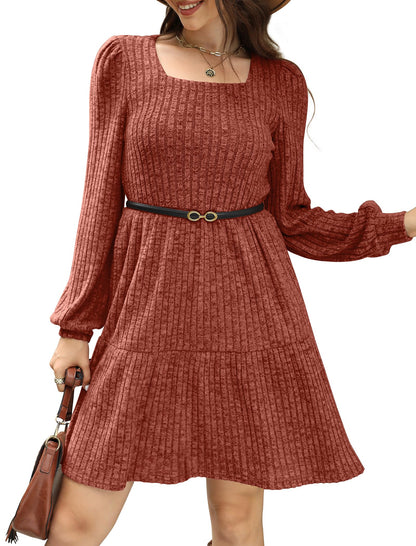 💖 Women's Square Neck Lantern Sleeve Ribbed Dress|Glow in Autumnal Elegance!🍁