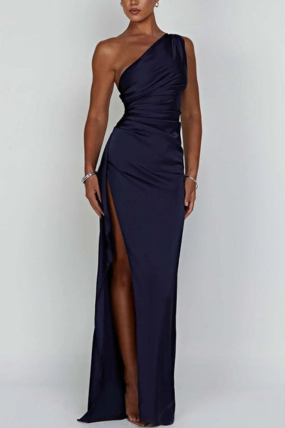 ⏳Time-limited Special⏰Fits Your Curves Satin One Shoulder Drape Slit Maxi Dress