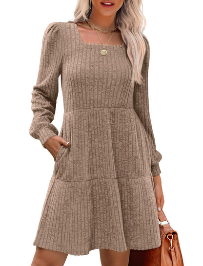 💖 Women's Square Neck Lantern Sleeve Ribbed Dress|Glow in Autumnal Elegance!🍁