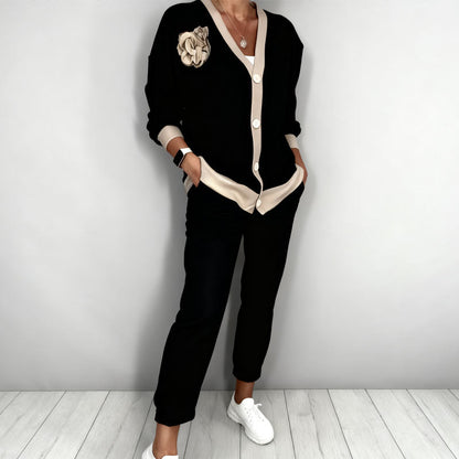 Women’s Casual V-Neck Top & High Waist Pants 2-Piece Set