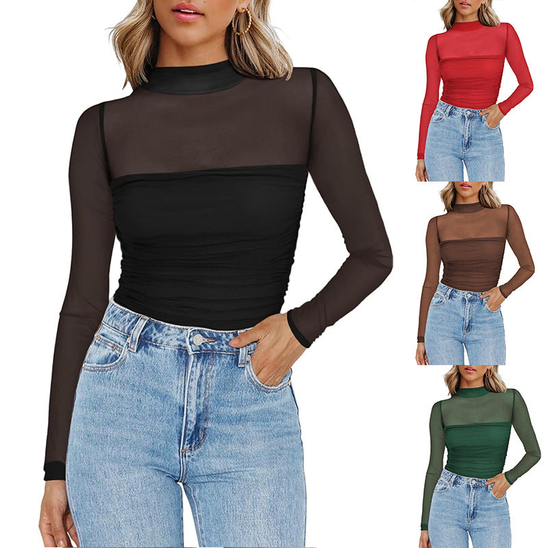 🎉Women's Sparkle Mesh Sheer Long Sleeve Ruched Top