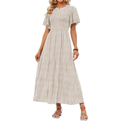 👗Women's Casual Floral Print Short Flutter Sleeve Smocked High Waist Flowy Maxi Dress