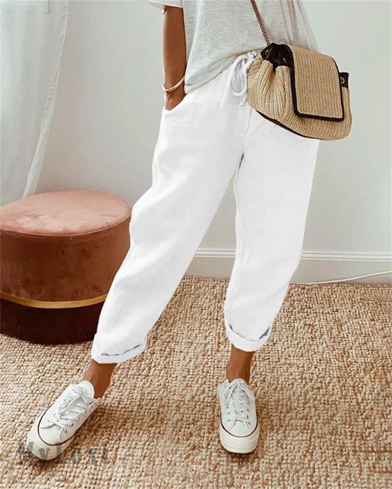 👖Casual Cotton and Linen Pants for Women – Breathable, High-Waisted & Ankle-Length Elegance🤍
