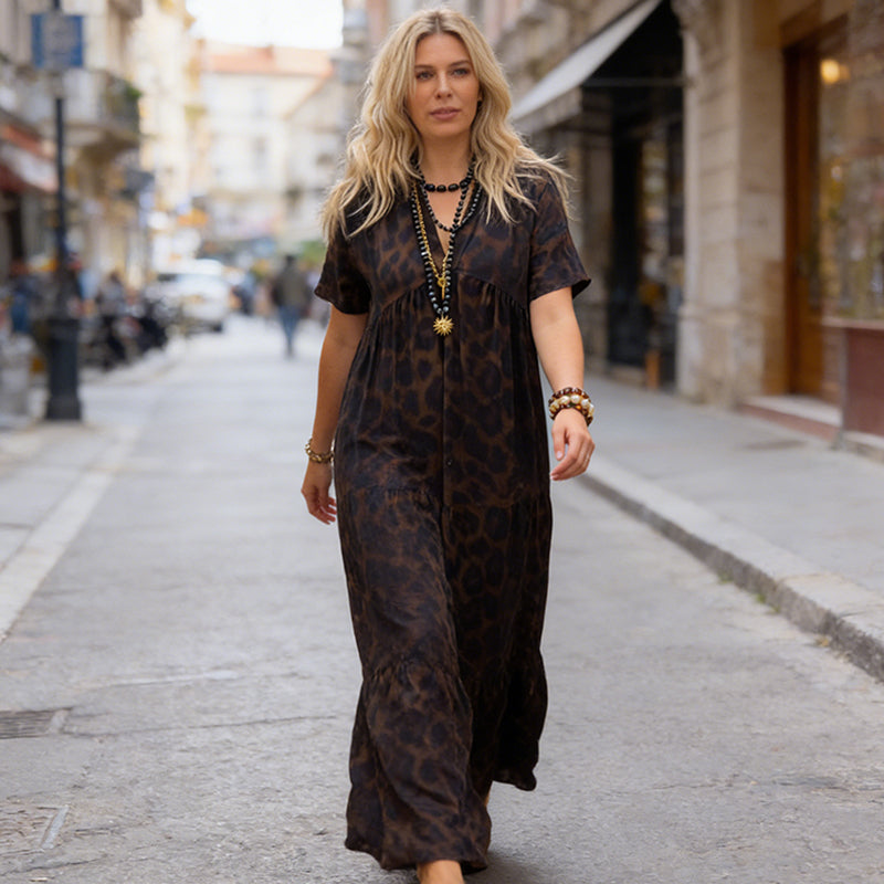 Women's V-Neck Leopard Print Maxi Dress