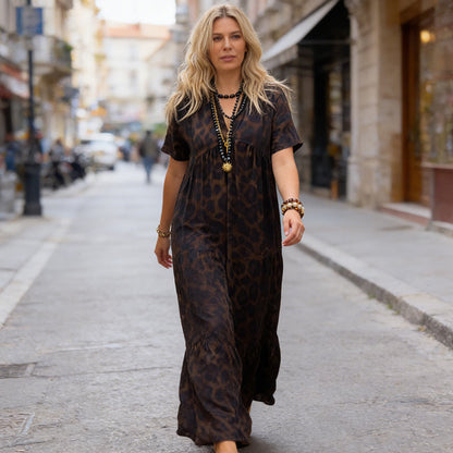 Women's V-Neck Leopard Print Maxi Dress