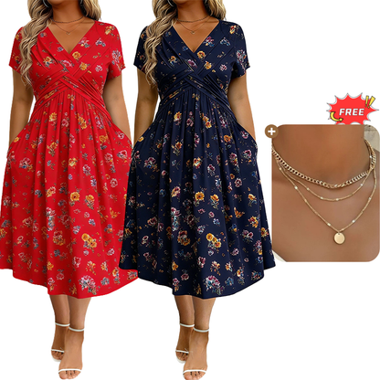 ✨Women's V-Neck Floral Print Dress with Twist Waist