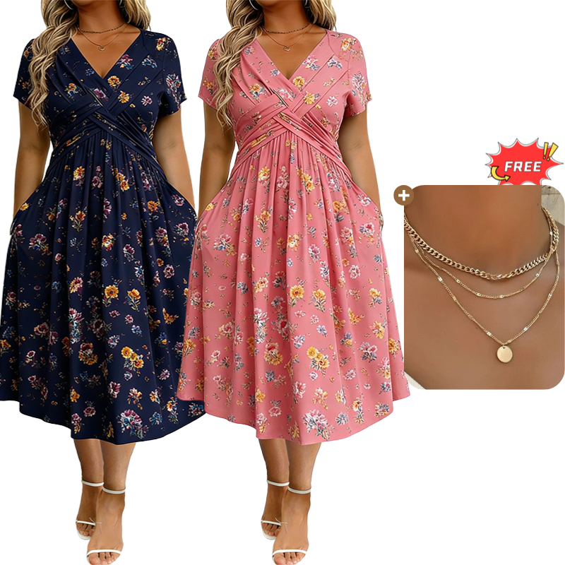 ✨Women's V-Neck Floral Print Dress with Twist Waist