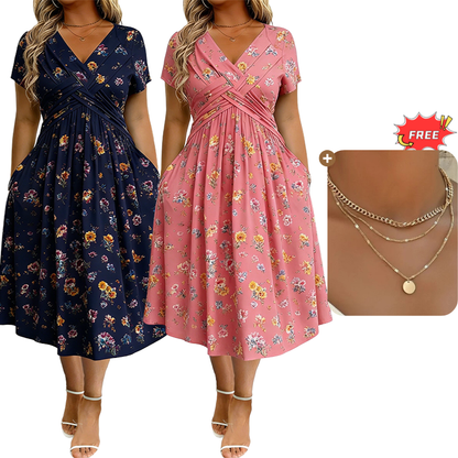 ✨Women's V-Neck Floral Print Dress with Twist Waist