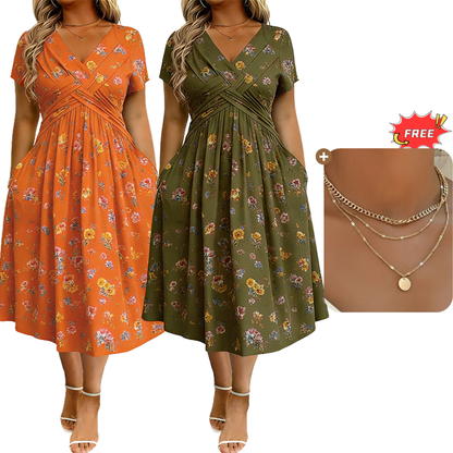 ✨Women's V-Neck Floral Print Dress with Twist Waist