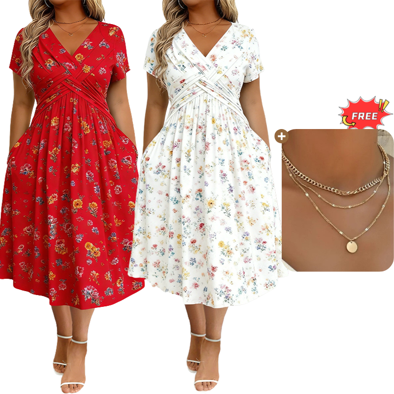 ✨Women's V-Neck Floral Print Dress with Twist Waist