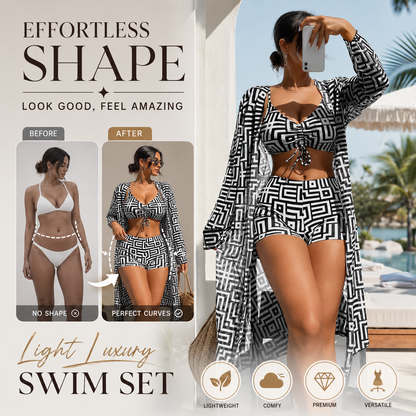 Women's Geometric Print 3-Piece Swimwear Set | High-Waisted Tummy Control Bikini & Sheer Cover-Up | Summer Beach Holiday Outfit