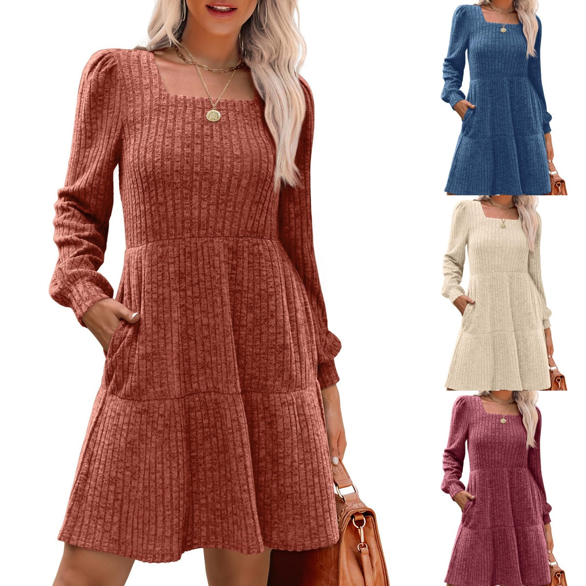 💖 Women's Square Neck Lantern Sleeve Ribbed Dress|Glow in Autumnal Elegance!🍁