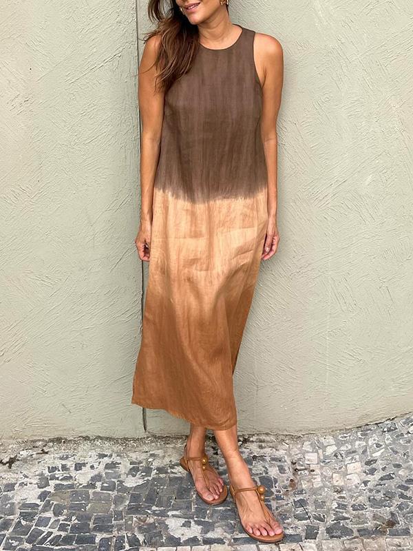 💃BIG SALE ONLY TODAY! - Women's casual cotton and linen sleeveless slit gradient tie-dye long dress