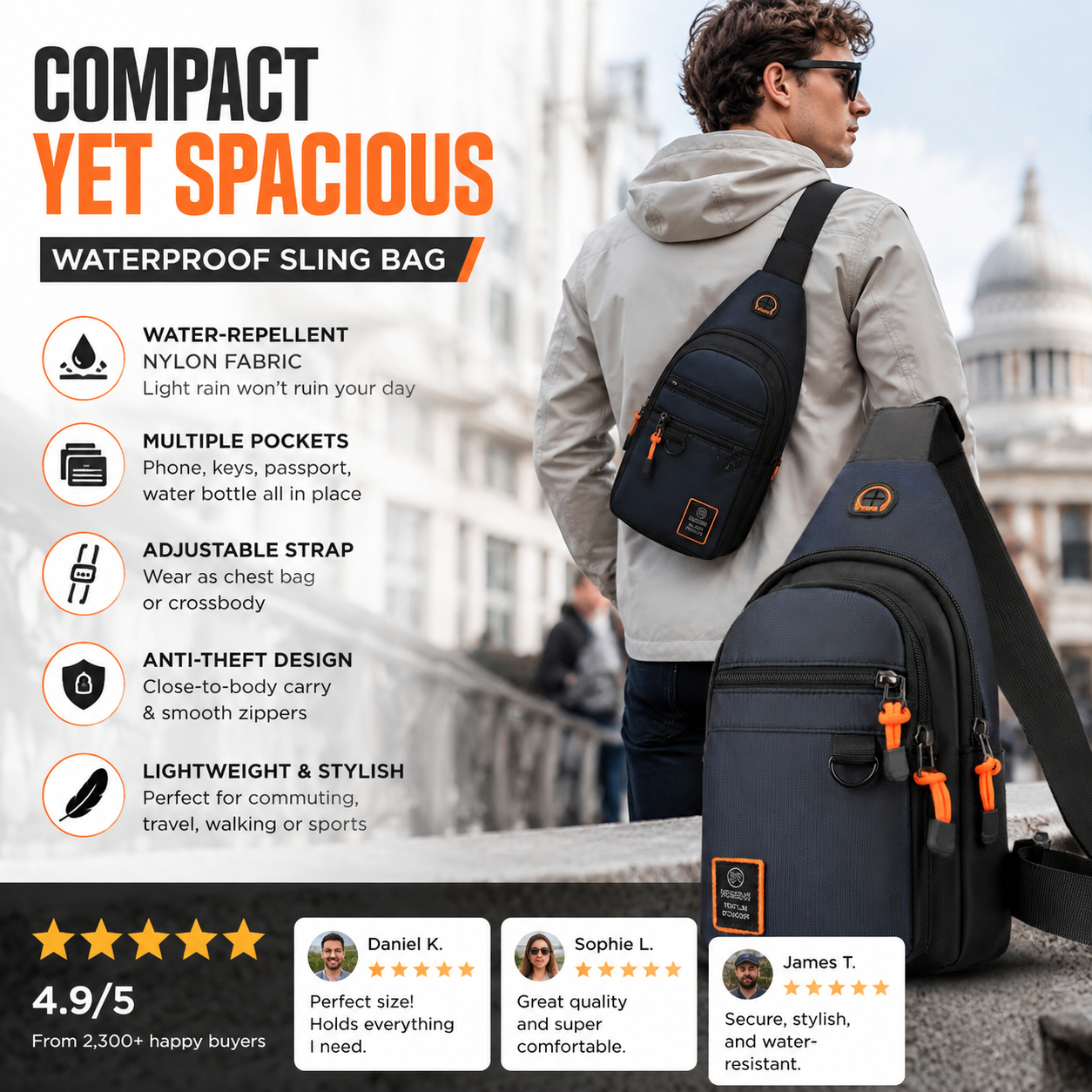 🎒✨ Waterproof Multi-pocket Crossbody Sling Bag – Organized Storage, Adjustable Strap, Headphone Jack 🌧️