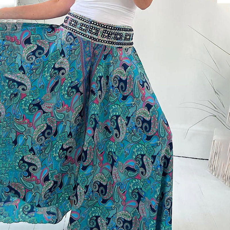 🌺Ethnic Paisley Print Elastic Patchwork-Waist Lightweight Pants