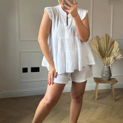 😍Best Sellers😍Women's Cheesecloth Ruffle Shorts & Top Set