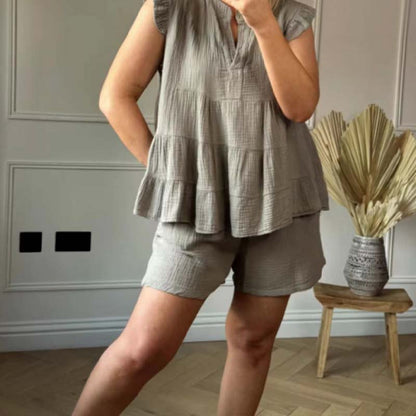 😍Best Sellers😍Women's Cheesecloth Ruffle Shorts & Top Set