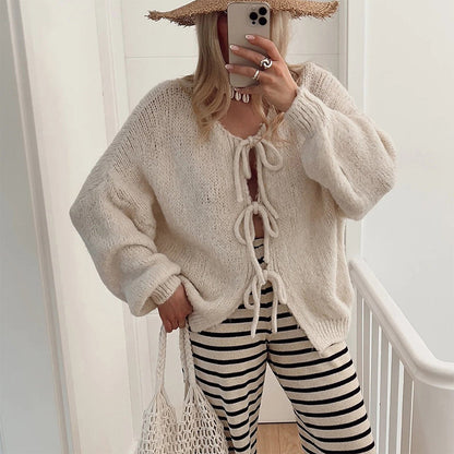 ✨Hot sale🔥Women's Long Sleeve Tie Front Knit Sweater