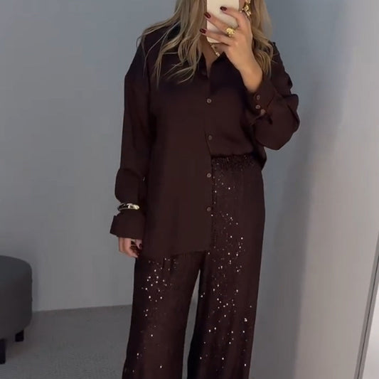 Solid Button-Down Shirt & Sequin Pants 2-Piece Set