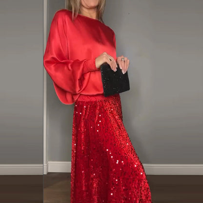 Crew Neck Top & Sequin Maxi Skirt Set