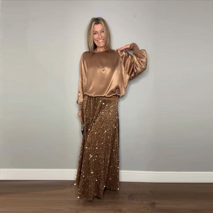 Crew Neck Top & Sequin Maxi Skirt Set