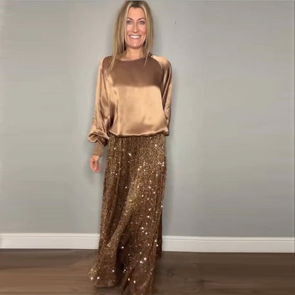 Crew Neck Top & Sequin Maxi Skirt Set