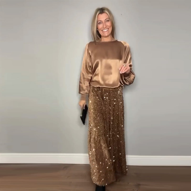 Crew Neck Top & Sequin Maxi Skirt Set