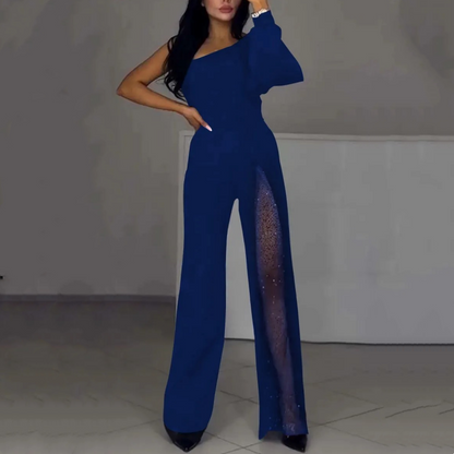 Women's One Shoulder Glitter Mesh Flared Jumpsuit