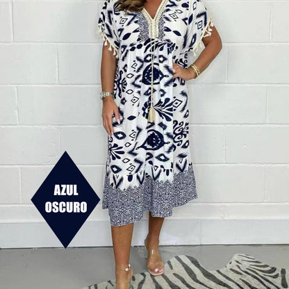🌼Printed Casual Dress With V-Neckline and Fringes on the Short Sleeves