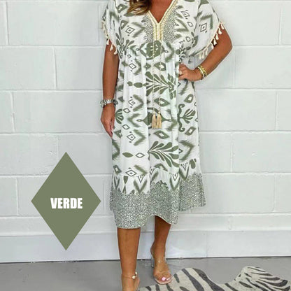🌼Printed Casual Dress With V-Neckline and Fringes on the Short Sleeves