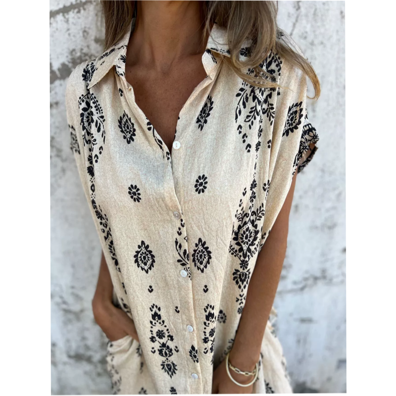 Loose-Fit Printed Short Sleeve Dress with Pockets