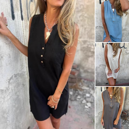 💖Women's Sleeveless Button Pocket V-Neck Dress