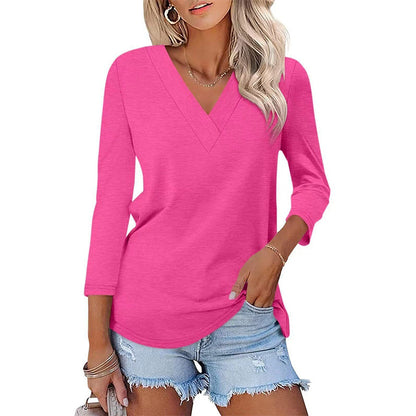 Women's 3/4 Sleeve V Neck Solid Color Top