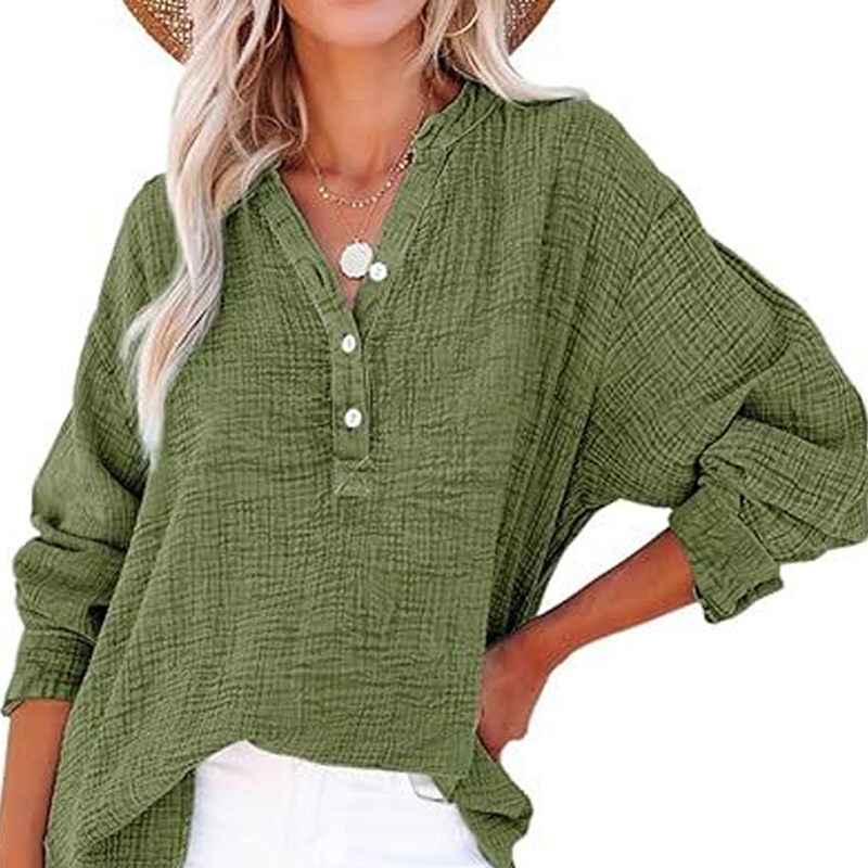 🤩Buy More Save More🤩Women’s Casual Gauze Button Neck Long Sleeve Blouse