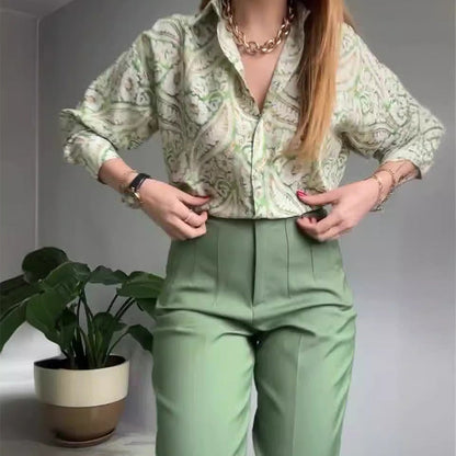💐 Women's Printed Button-Up Shirt & Pants (High-end Fabric 2-Piece Set)