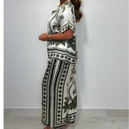 Women's Casual V-Neck Short Sleeve Top Wide Leg Pants Set