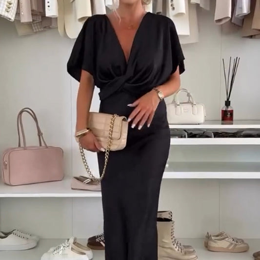 V-Neck Twist Detail Fitted Long Dress with Puff Sleeves