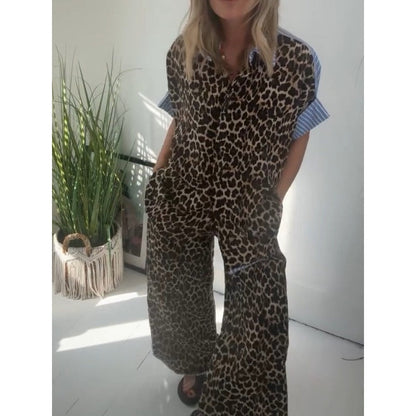 Women's Leopard Print Button-Down Shirt & Wide-Leg Pants Set