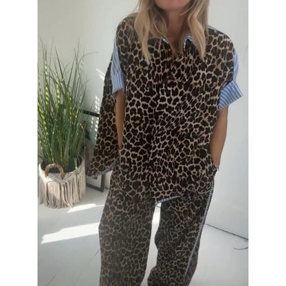 Women's Leopard Print Button-Down Shirt & Wide-Leg Pants Set