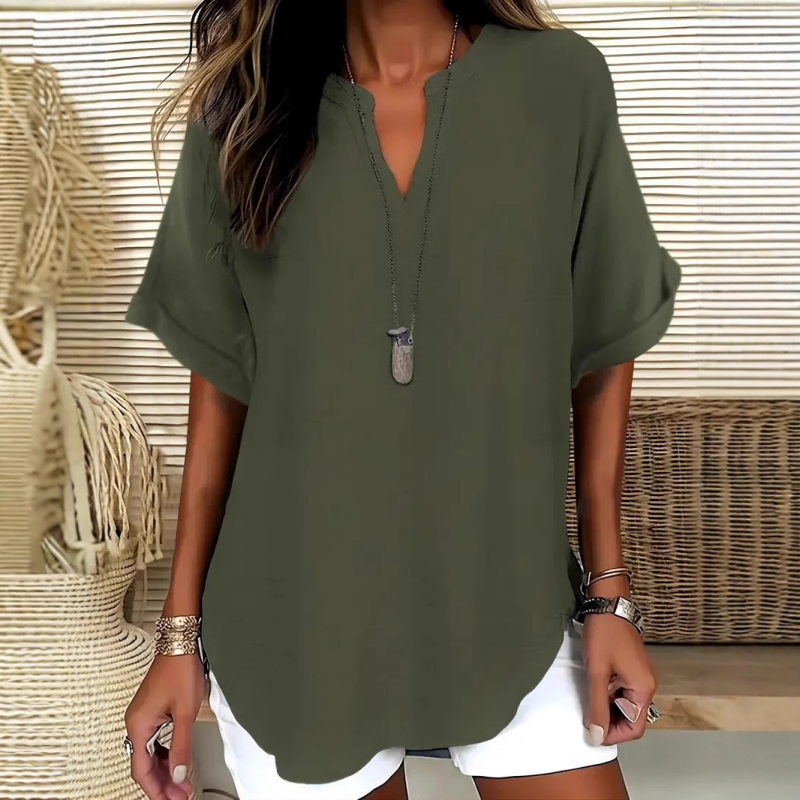 💎 Fashion Loose Short Sleeve Top – Notched V-Neck, Asymmetrical Hem & Lightweight Fabric (5 Colors, S–2XL) 👕🌸