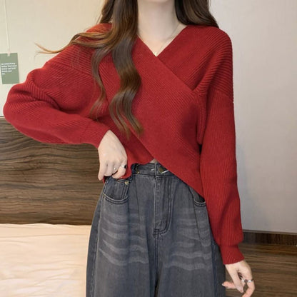 Chic V-Neck Long Sleeve Wrap Front Sweater