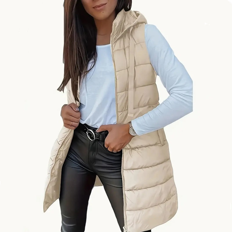 Women’s Zip-Up Long Puffer Vest👗 | Solid Color | Sleeveless | Hooded | Winter Wear 💕