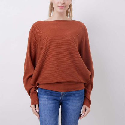 Women's Boat Neck Dolman Sleeve Ribbed Knitted Sweaters